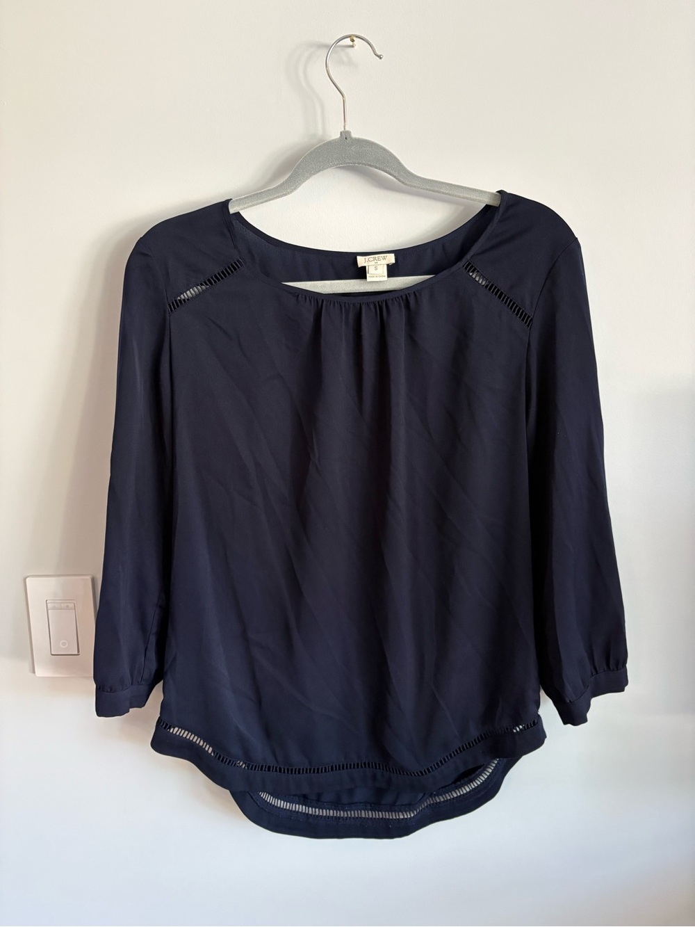 J. Crew Navy Long-Sleeve Blouse with Crochet Trim
